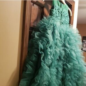 EMERALD GREEN ruffle flower girl lace pageant dress gown 4 5 cy